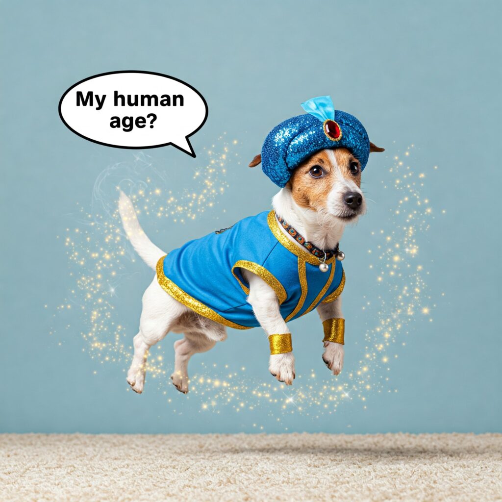 Image of Jack Russell Dog wearing genie outfit and levatating. Comment cloud says "My human age?"