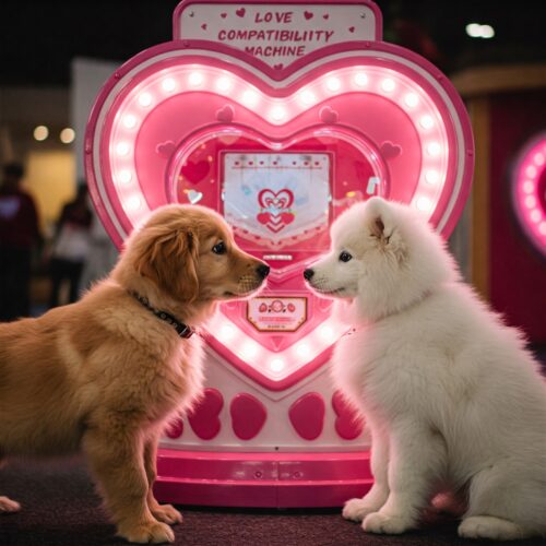 Two puppies staring at each other in delight. Behind them is a "Love Compatibility Machine".