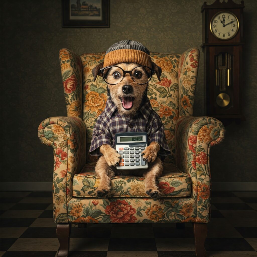 Image of small dog, with surprised look on his face, sitting on chair holding calculator.