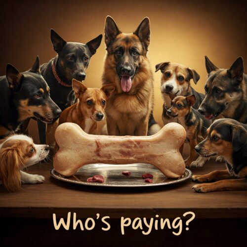 Image of a group of dogs sitting around a very large bone on a platter. Text across the bottom reads "Who's Paying?".