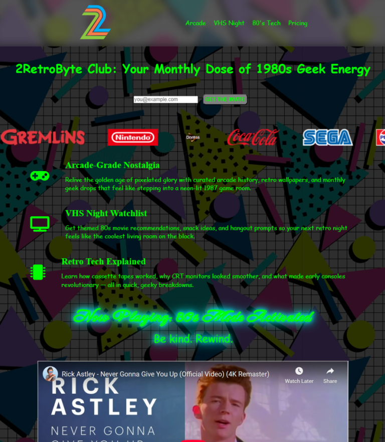 Screen shot of 2 Retro Btye, an 80s website.
