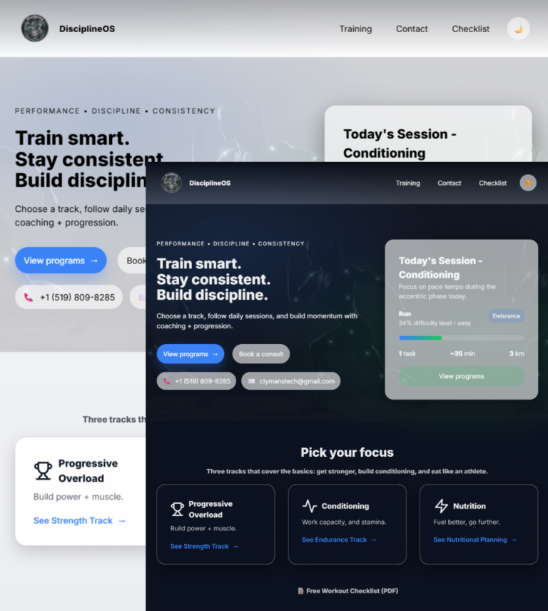 Website screenshot picture of DisciplineOS showing light and dark mode.